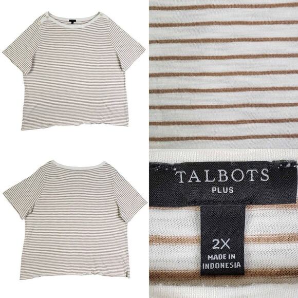 Talbots Tops - Talbots Shirt Tee White Tan Cotton Plus Size 2X Striped Short Sleeve